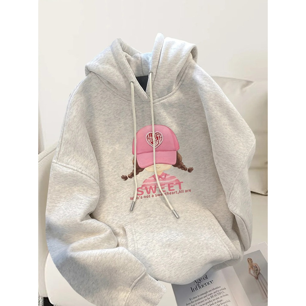 2025新款爆款白灰色连帽卫衣女秋冬宽松显瘦上衣冬季加绒外套帽衫