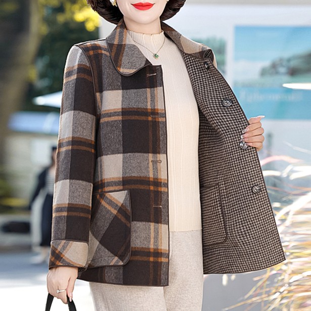 两面穿格子妈妈大衣大码双面毛呢气质秋冬洋气百搭外套（XL-6XL）