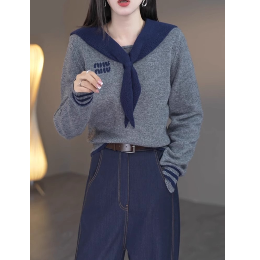 海军领假两件针织打底衫女秋冬2025新款上衣字母毛衣设计感G5-47