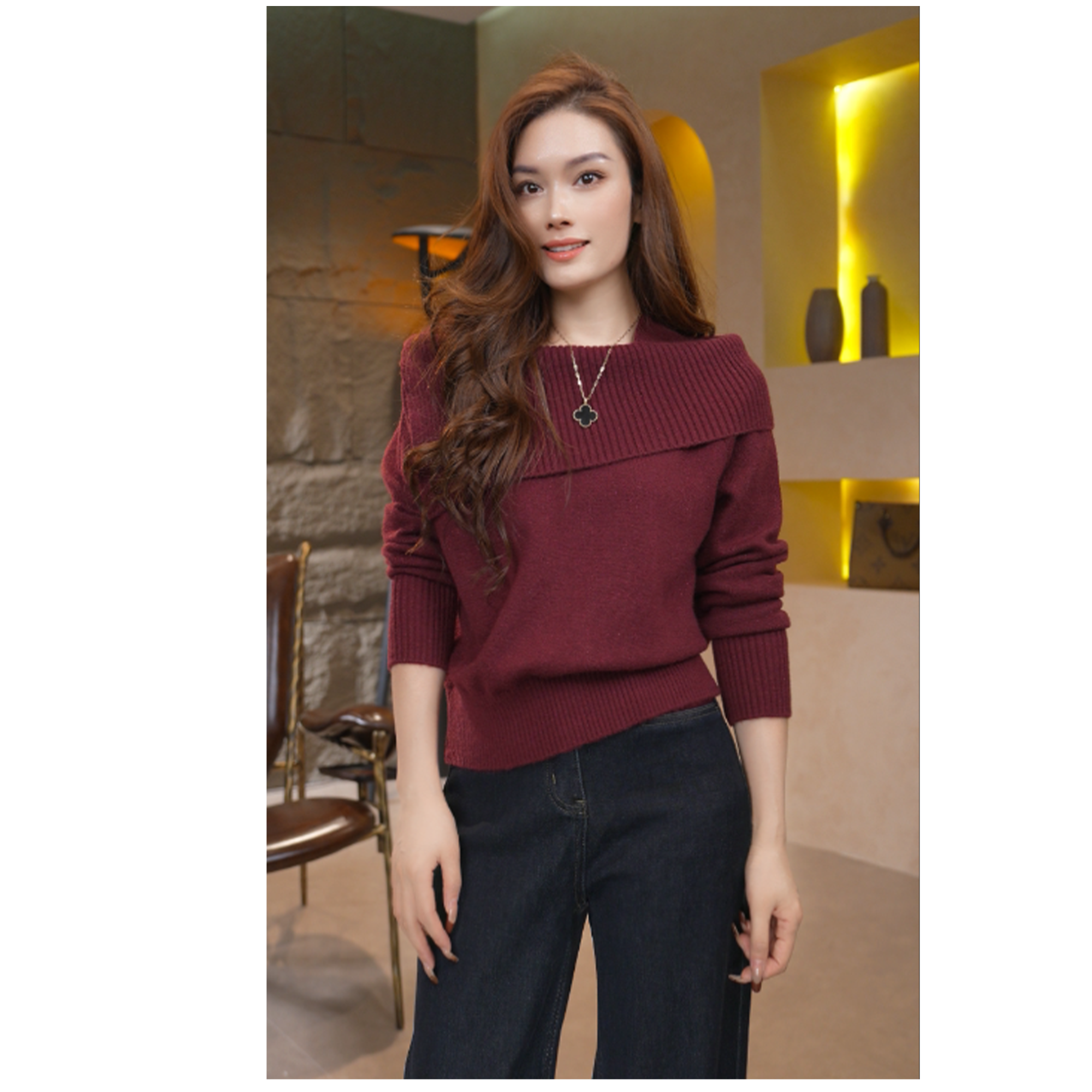 2026时尚新款时尚休闲百搭翻披领针织衫气质显瘦保暖女毛衣H3-33