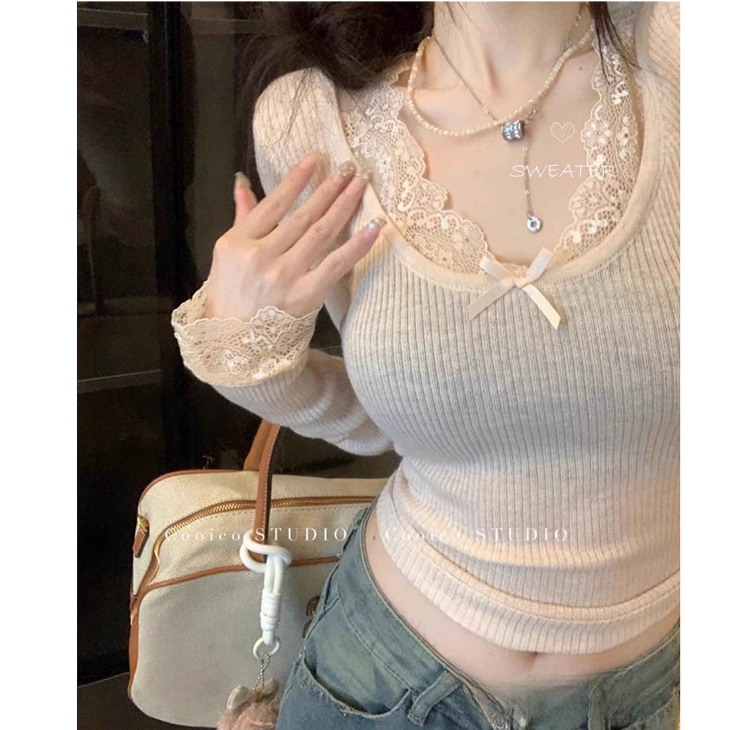 辣妹纯欲性感蕾丝拼接长袖针织衫女秋冬修身显瘦内搭上衣F6-48