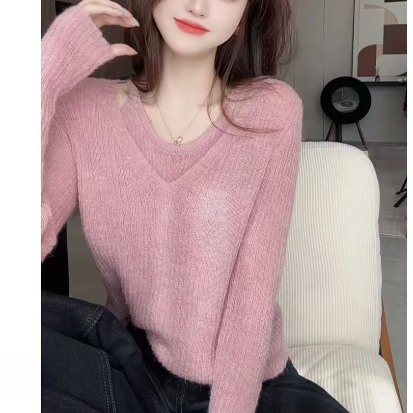 韩系不规则针织衫女秋冬装2025年新款小个子穿搭假两件上衣G5-22