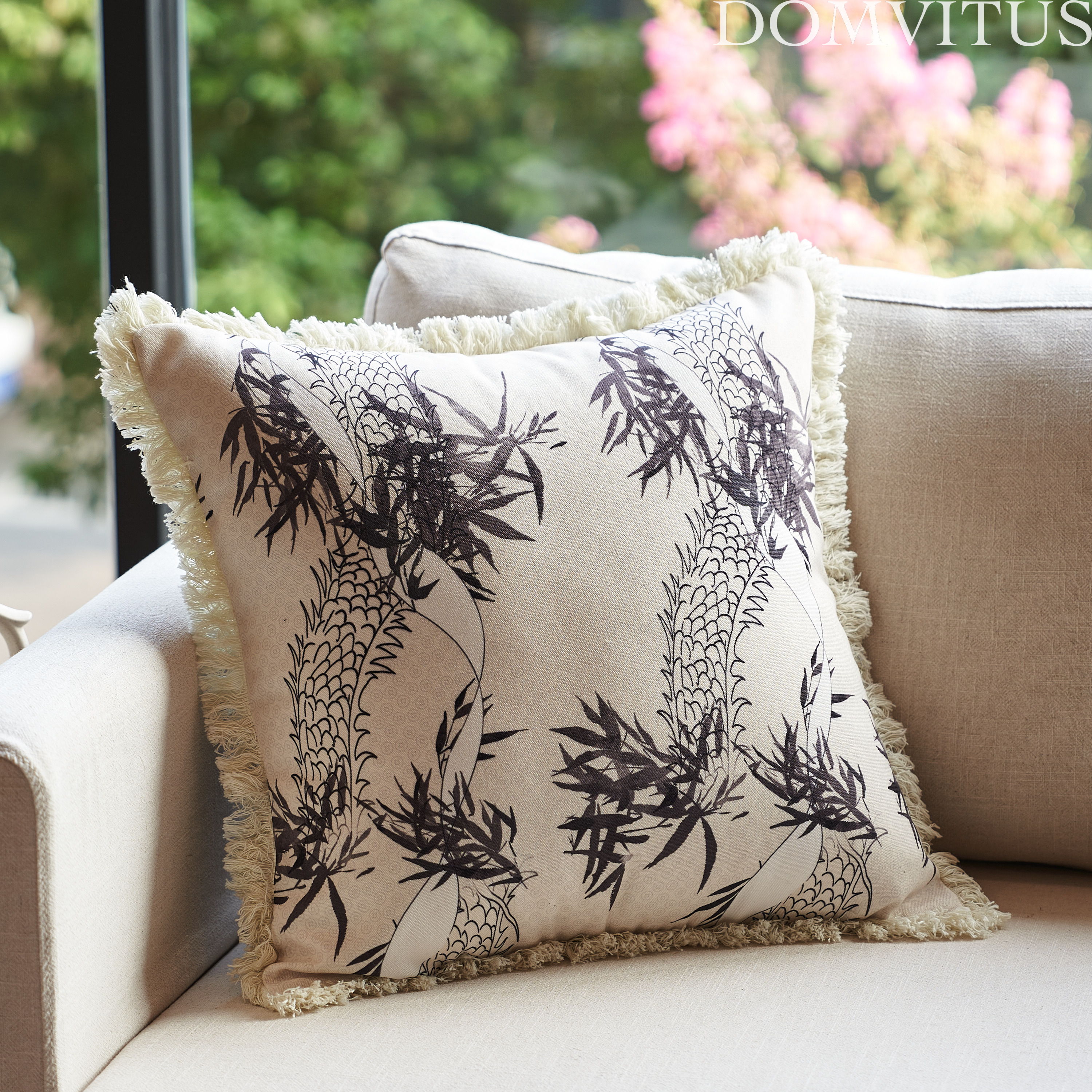 水墨中式棉麻欧式流苏大抱枕沙发靠背垫靠枕套简约办公室床头靠垫