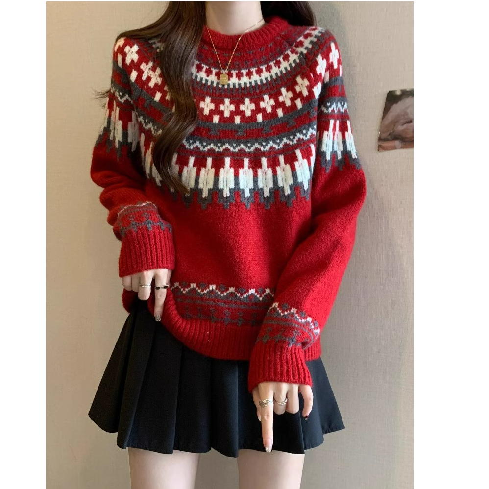 重工提花圣诞新年红色费尔岛毛衣女秋冬加厚大码胖mm慵懒针织上衣