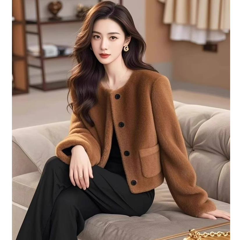 新款高级感独特超好看上衣美拉德小香风咖色毛毛保暖外套女秋冬季