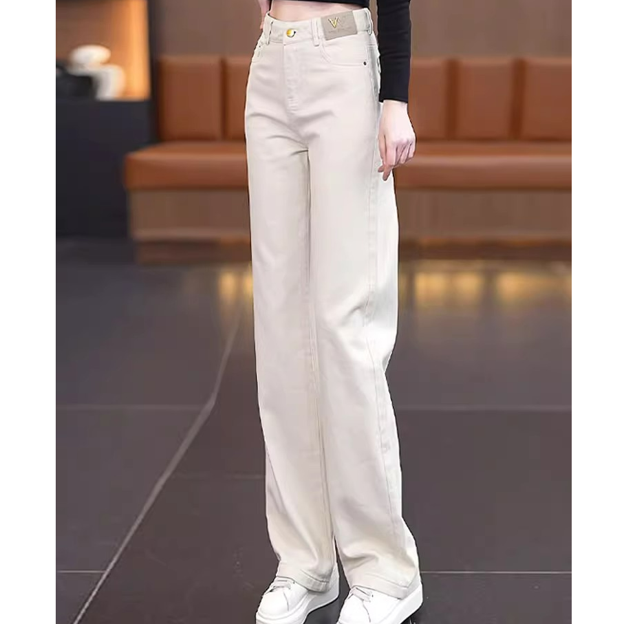 米白色软牛仔直筒裤女2025新款宽松女裤秋冬季窄版加绒拖地阔腿裤
