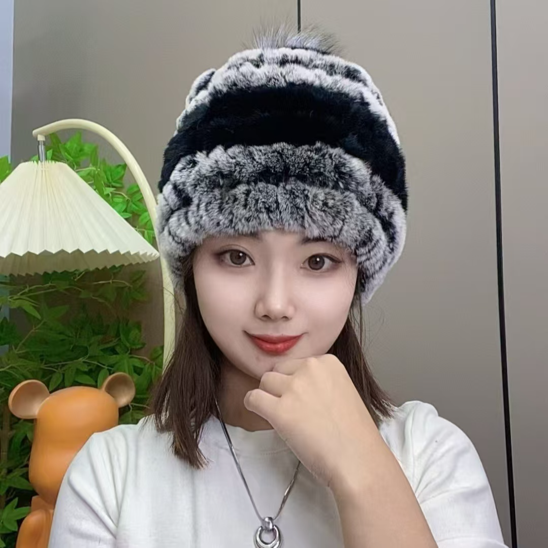 时尚冷帽冬季保暖双面狐狸毛球獭兔毛帽子冬季护耳保暖气质编织