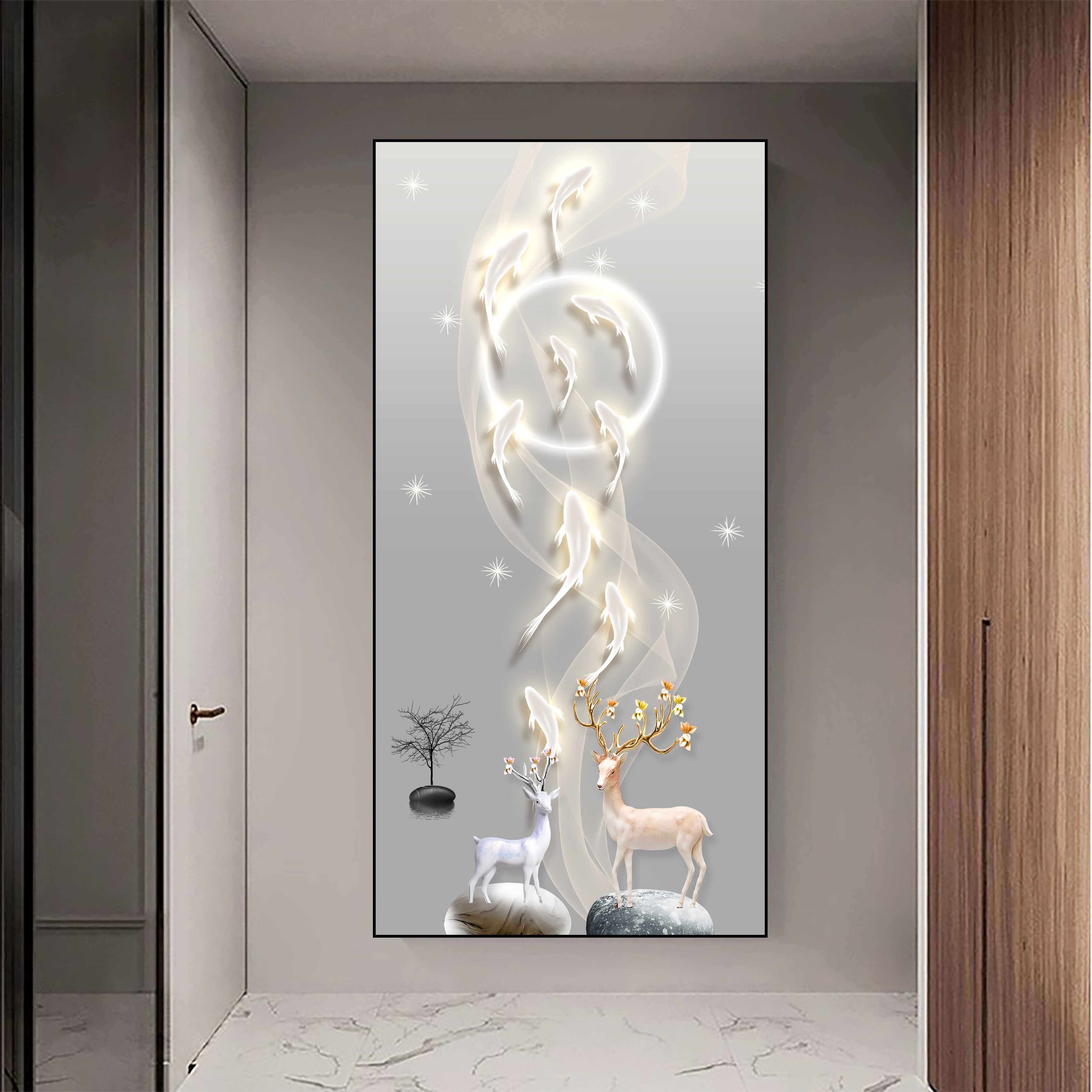 九鱼图玄关装饰画轻奢风晶瓷镶钻灯画走廊过道竖版挂画正对入户门