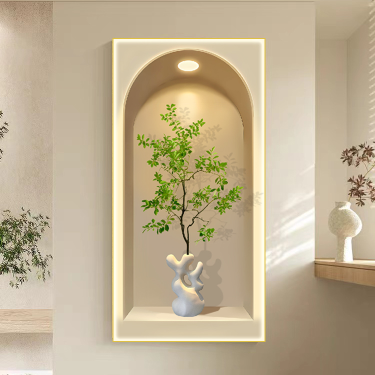 奶油风绿植带灯装饰画小清新简约走廊过道晶瓷镶钻挂画高级感壁画