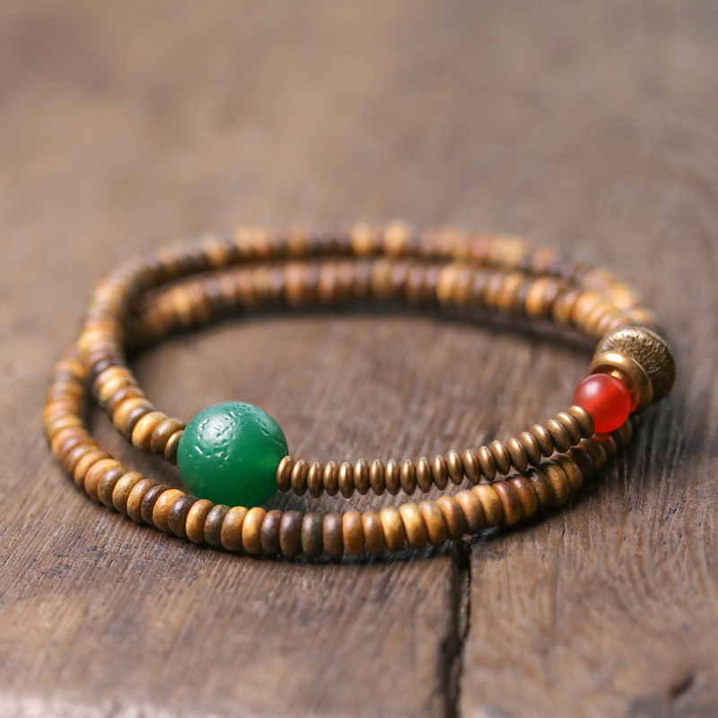 黄铜木质手链 复古民族风珠子双层手链女 原创个性休闲百搭手串男