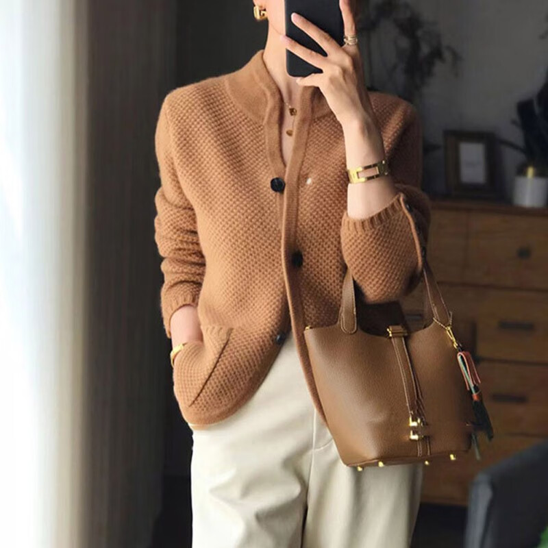2025新款开衫女中式立领短款毛衣加厚休闲百搭长袖宽松外套气质