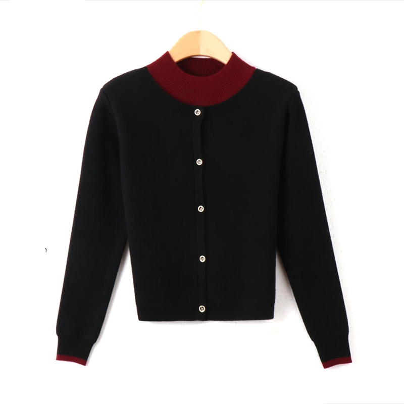 【Y4】春秋新款拼色毛衣假两件立领开衫女士洋气针织外套宽松上衣