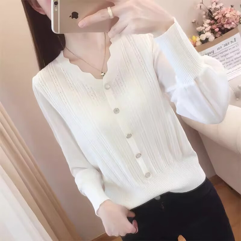 2025春秋新款韩版洋气v领雪纺袖冰丝针织衫短款上衣白色打底衫女