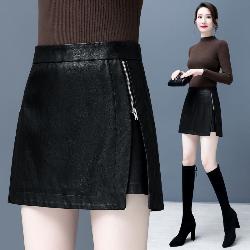 皮裤裙女2025新款秋季韩版高腰显瘦阔腿a字短裙大码皮裤时尚靴裤