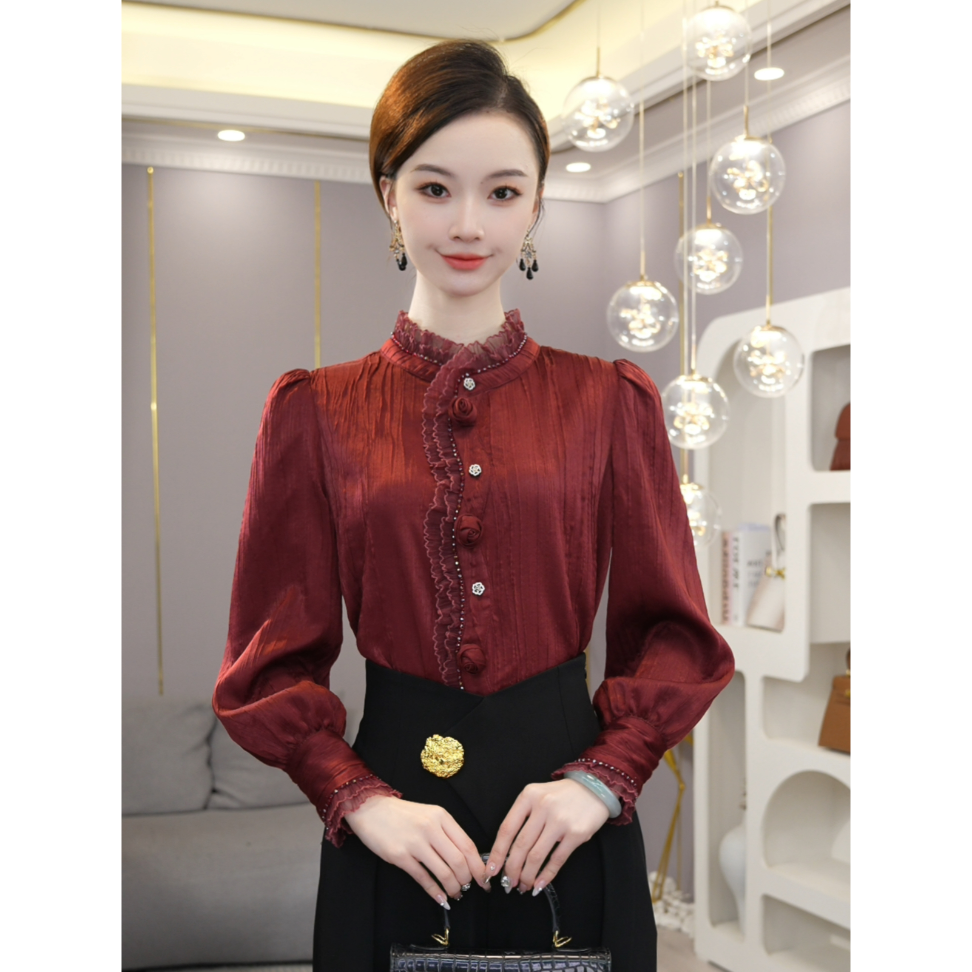 唐熹预售2025秋冬新款【LT24-Q727】高级感气质小众红色衬衫上衣女