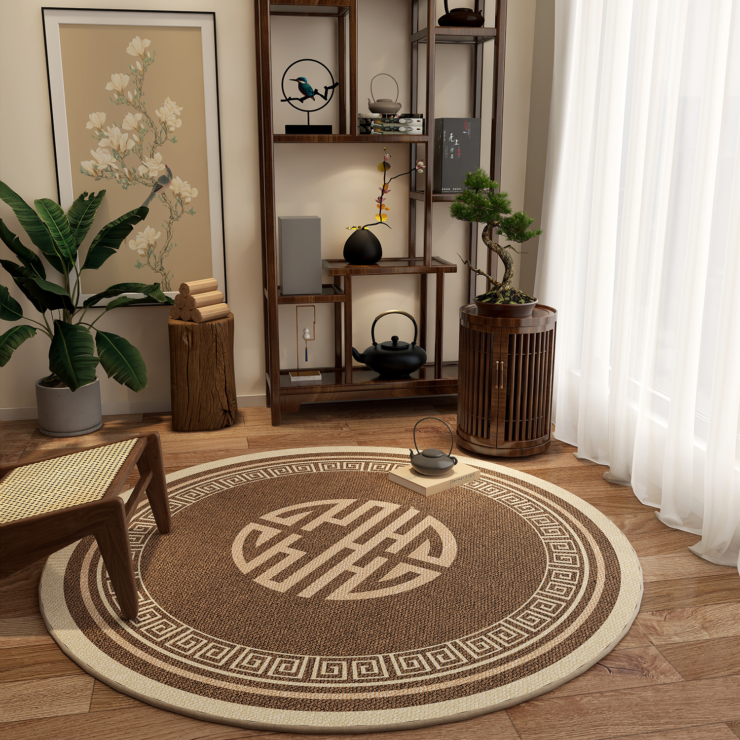 欧莱森国风新中式免洗圆形客厅地毯卧室沙发茶几毯玄关书房转椅垫