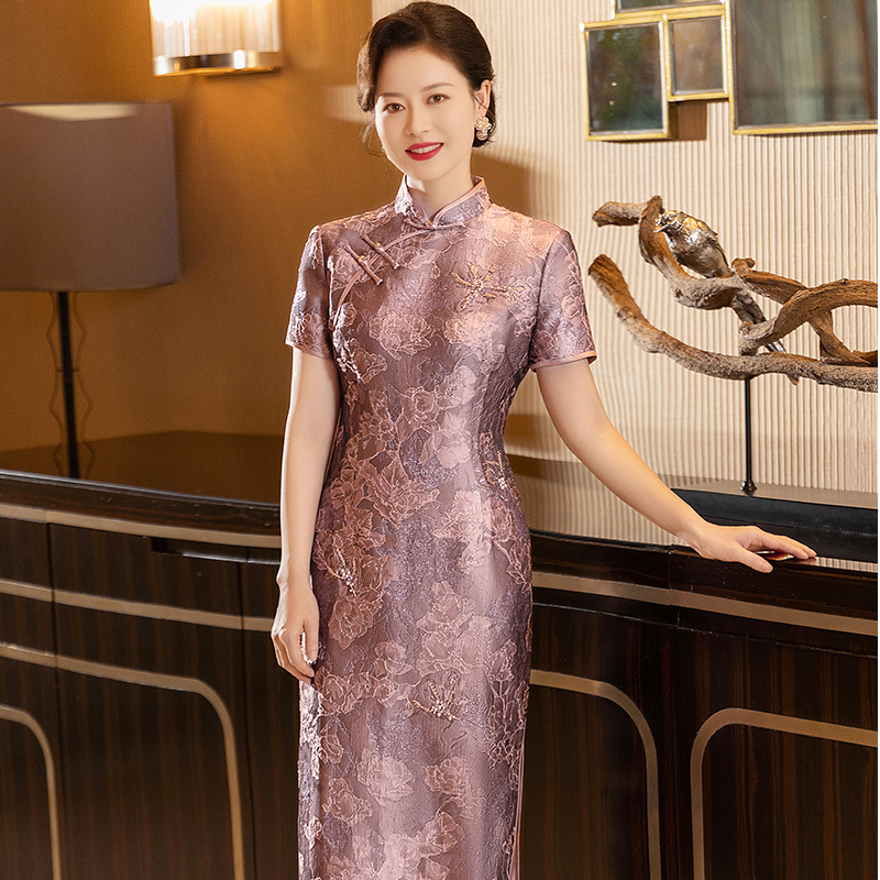 长款提花金银丝短袖旗袍婚礼宴会演出服喜婆婆敬酒苏州上等旗袍