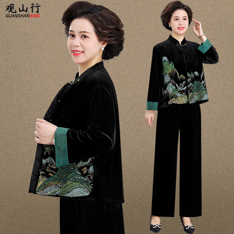 中老年妈妈秋装套装春秋季洋气老年人女装金丝绒衣服老太太奶奶装