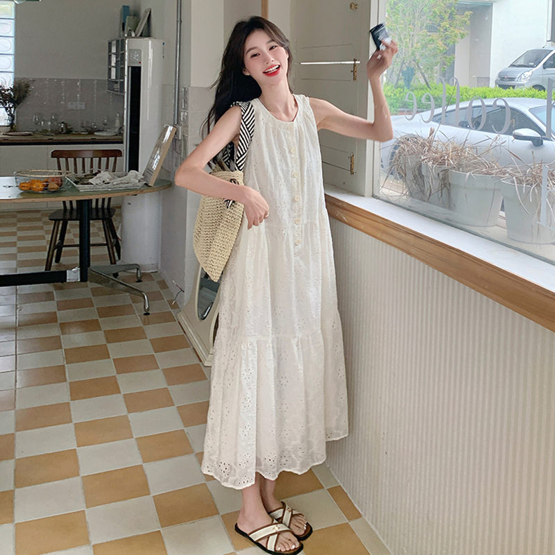 法式蕾丝拼接无袖宽松连衣裙女夏季甜美减龄温柔风长款大码A字裙