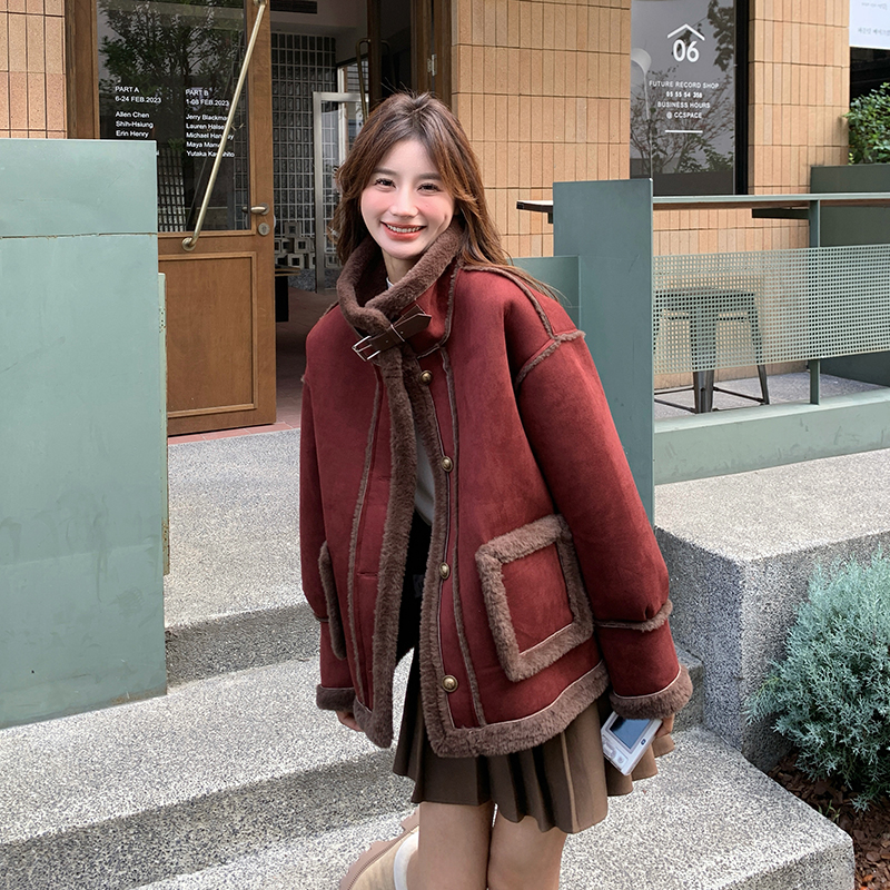 安可拉红羊羔毛皮毛一体外套女2025新款秋冬爆款加厚麂皮绒机车服