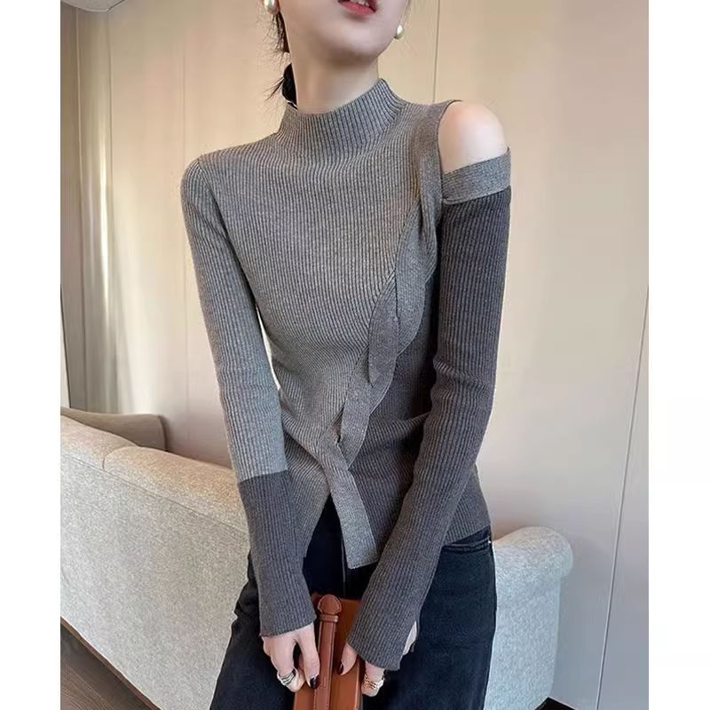 法式拼色半高领长袖针织衫女2025秋别致小众设计感露肩打底衫毛衣