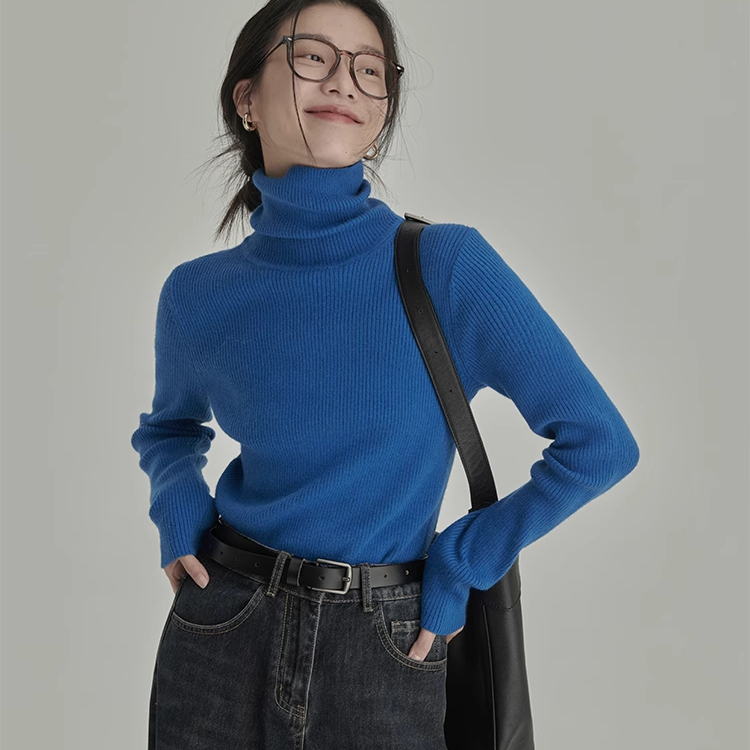 秋冬软糯针织衫打底衫女法式显白克莱因蓝色保暖高领内搭修身上衣