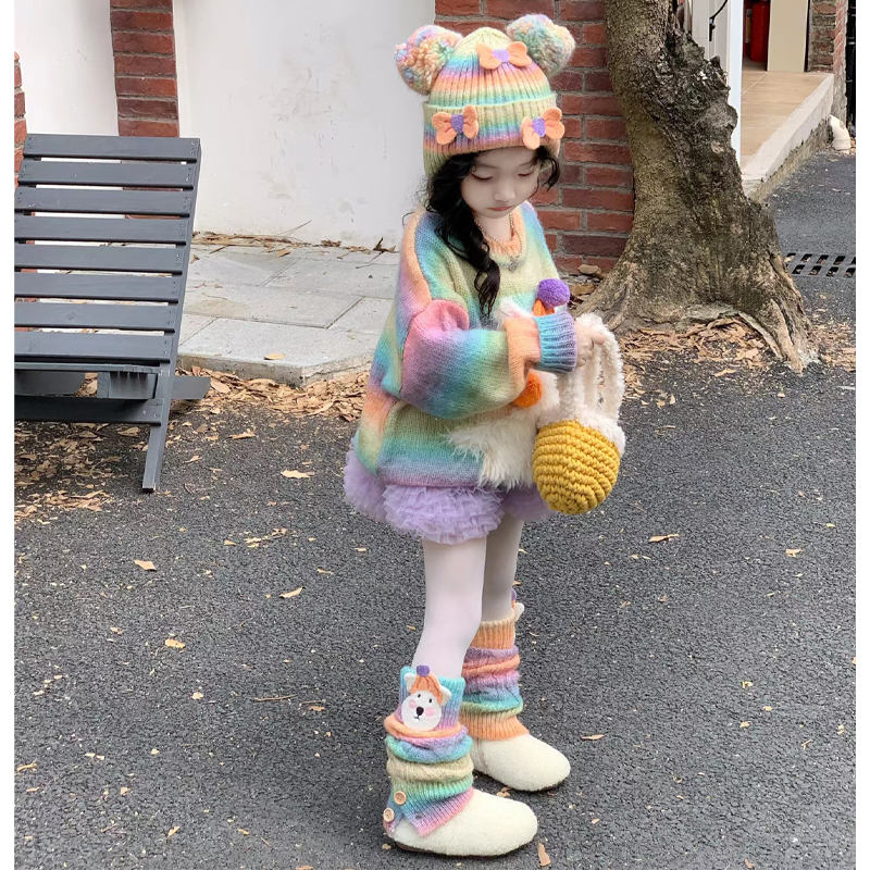 韩系童装女童羊绒毛衣冬装洋气儿童彩色条纹针织衫小女孩卡通上衣