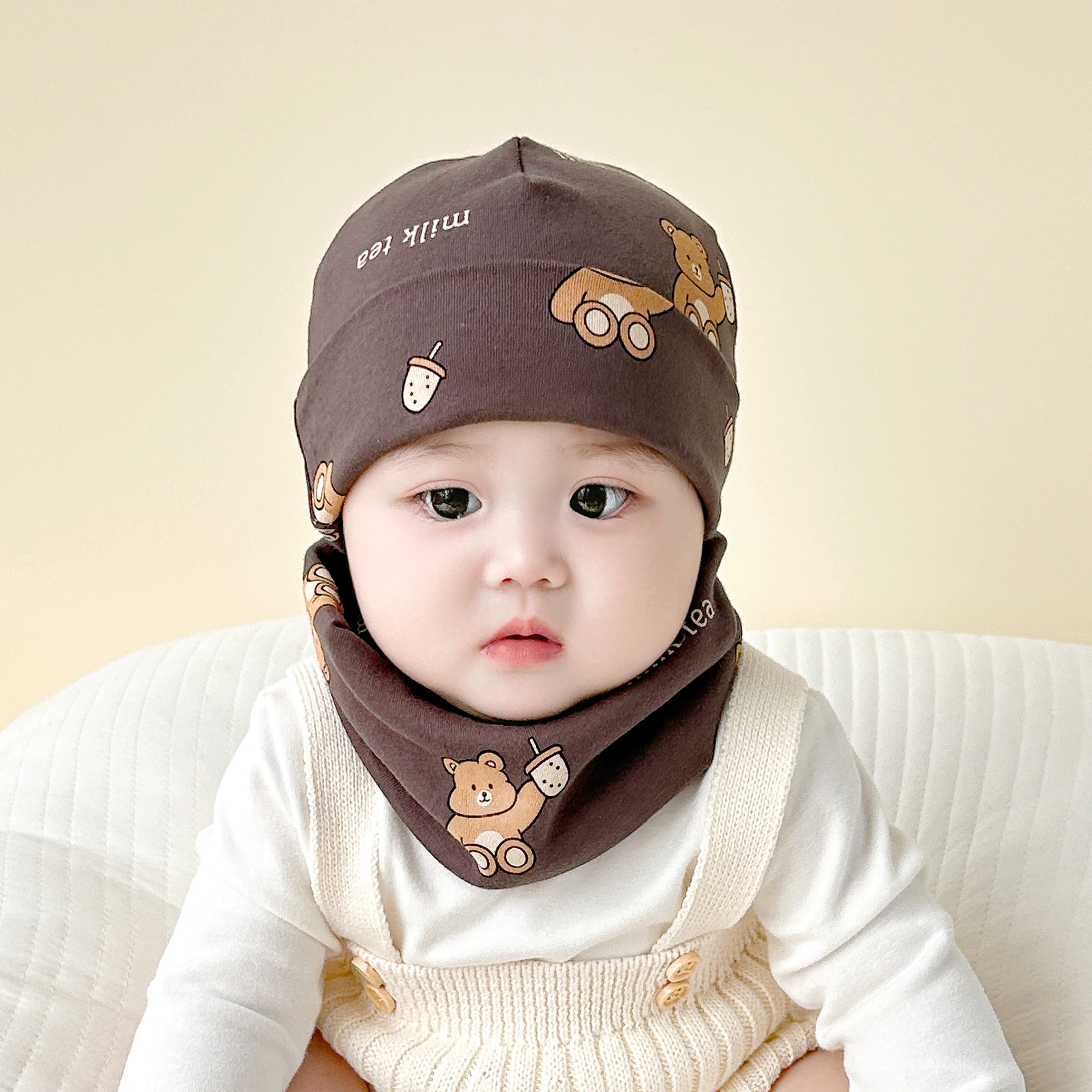 婴儿帽子棉布保暖新生儿男女童宝宝秋冬季帽子围脖两件套加厚帽子