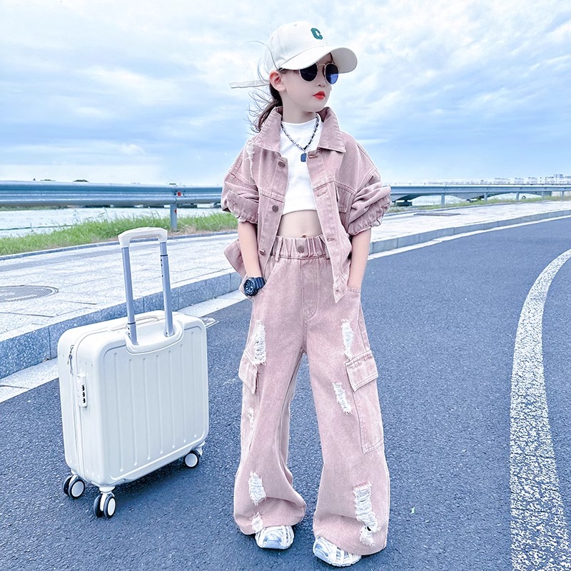 女大童春秋装牛仔套装2025新款儿童洋气炸街韩版工装阔腿裤两件套