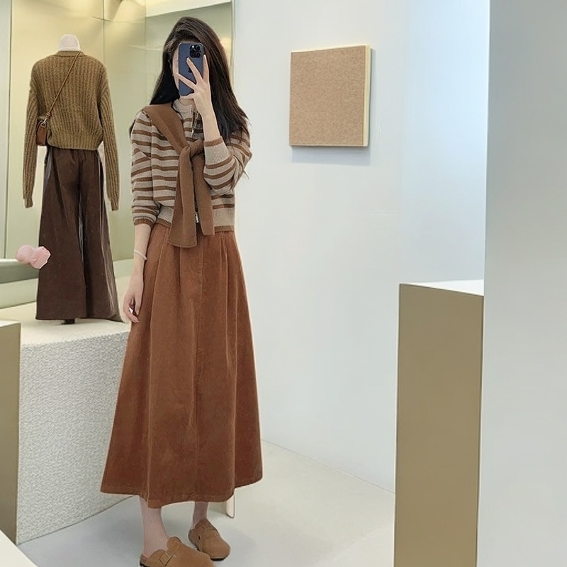 秋冬穿搭一整套女2025新款时尚条纹针织开衫披肩高腰半身裙三件套