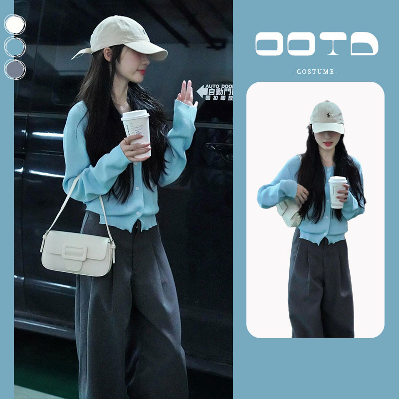 秋冬气质穿搭一整套女2025新款纽扣短款针织开衫灰色西装裤两件套