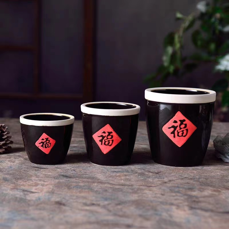 陶瓷福字缸组合铜钱草水竹水培植物配套创意复古花盆多种尺寸可选