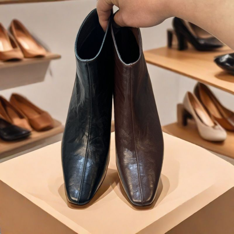 手抓纹女鞋复古法式方头短靴瘦瘦靴低跟马丁靴后拉链女靴油蜡软皮