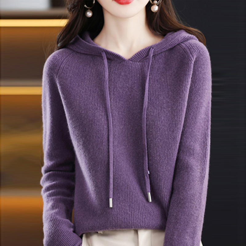 鄂尔多斯市100%纯羊毛衫女宽松外穿帽衫秋冬内搭显瘦内搭打底毛衣