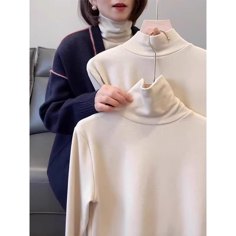 高领双面德绒打底衫女春秋2025新款内搭加绒加厚堆堆领保暖上衣服