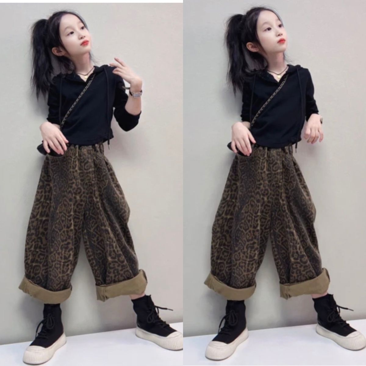 女童秋季套装2024新款复古儿童休闲老爹裤女孩春秋连帽衫两件套潮