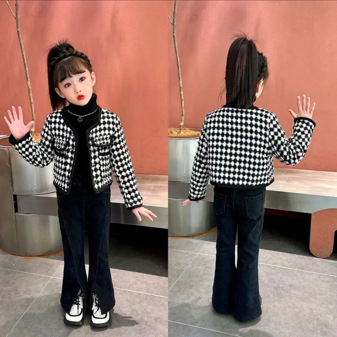 女童小香风夹棉外套喇叭裤套装2025春秋款中大童洋气牛仔裤两件套