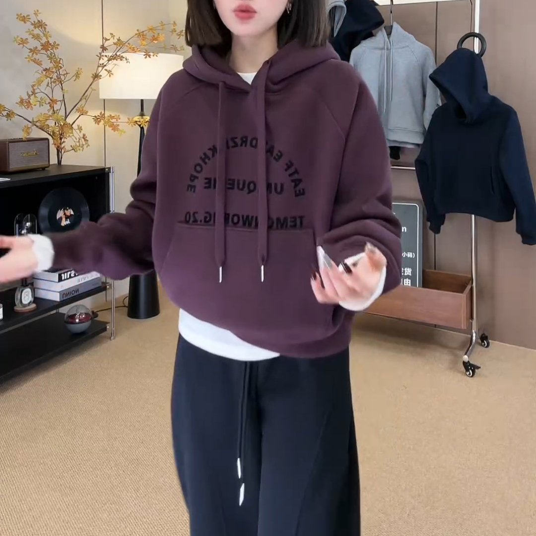 加绒韩版上衣2024秋冬新款连帽字母卫衣百搭休闲帽衫LK2500408