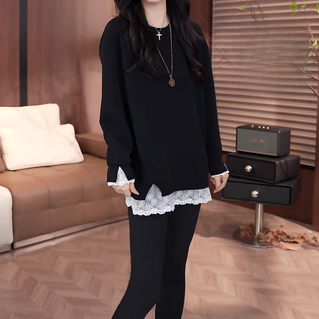 冬季新款设计感假两件显瘦长袖拼接蕾丝打底上衣LK2500756