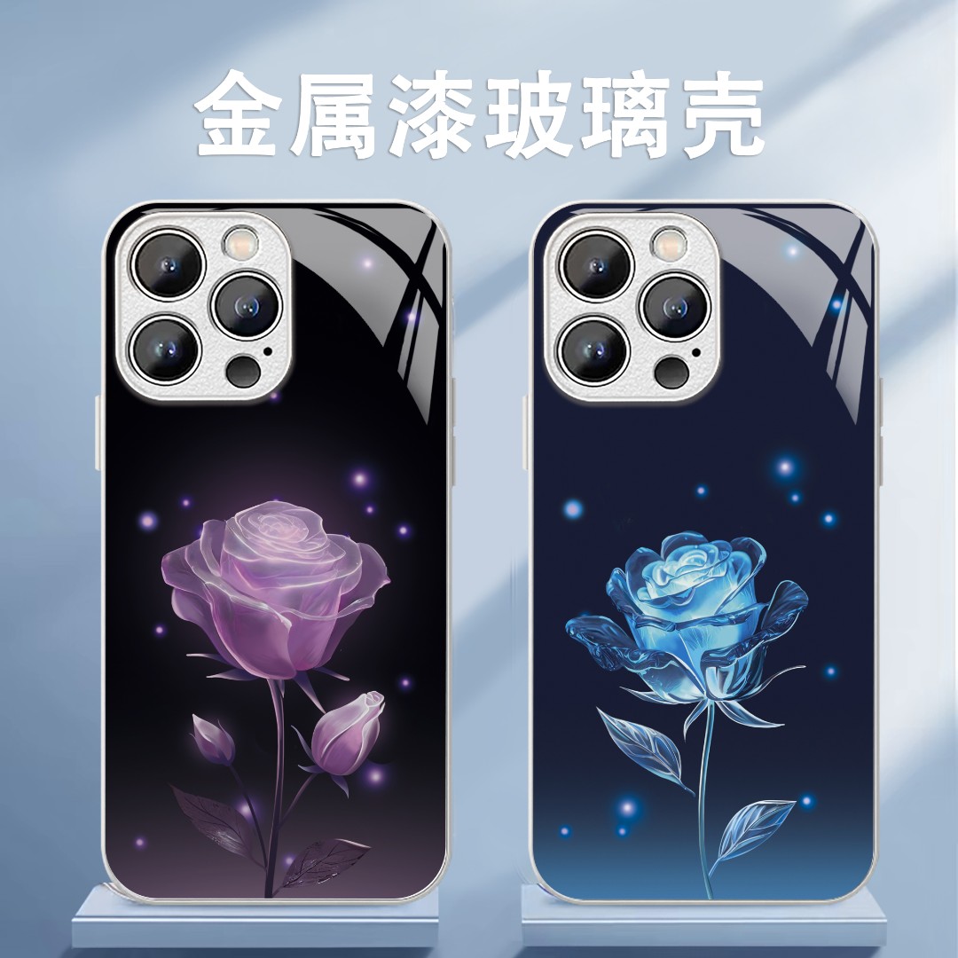 适用于苹果/华为/小米/oppo/vivo潮流高级感玫瑰花创意玻璃手机壳