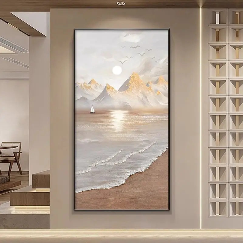客厅入户玄关装饰画现代轻奢一帆风顺正对门走廊挂画日照金山