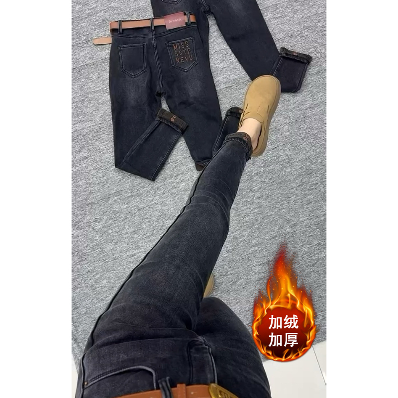 Aimeerosa/艾洛莎牛仔高腰显瘦九分裤秋冬季洋气时尚加绒小脚裤女