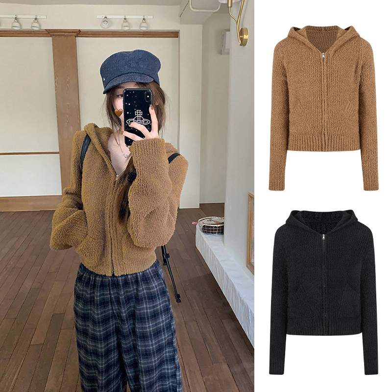 Moses Queen/魔西女王慵懒感毛衣泰迪绒感连帽双拉链针织开衫外套