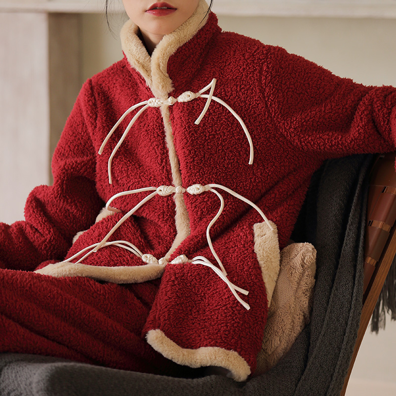 【红装素裹】原创设计国风秋冬睡衣家居服套装保暖毛绒22762
