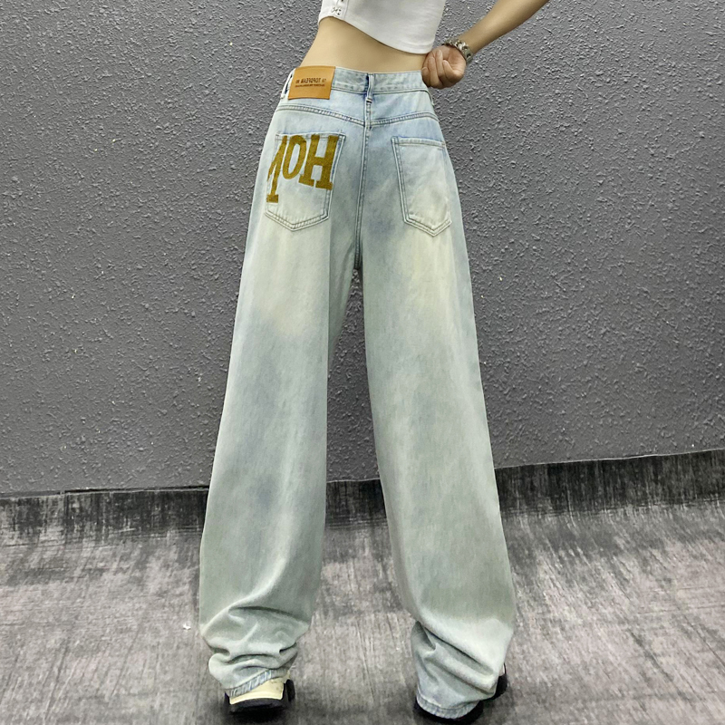 帅气口袋设计垂感浅色牛仔裤女秋新款高腰宽松显瘦百搭直筒阔腿裤