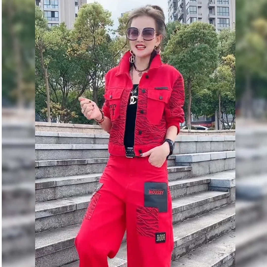 春秋季迷彩拼接挂链牛仔短外套时尚宽松显瘦阔腿裤