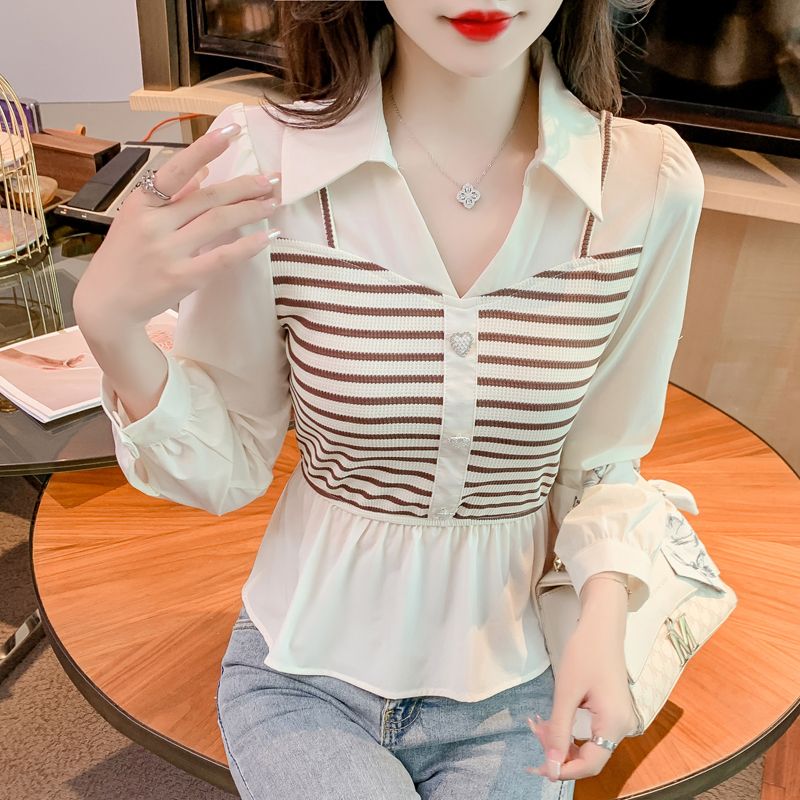 假两件长袖衬衫春季2025新款女装别致小衫时髦时尚洋气拼接女上衣