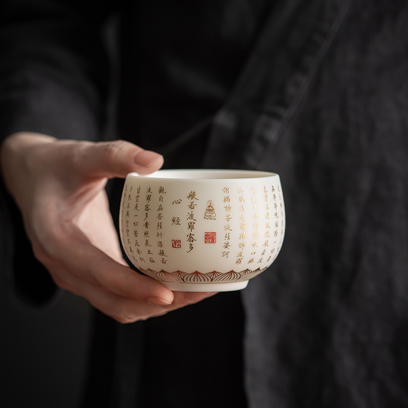 堆金罗汉心经杯 德化羊脂玉白瓷主人杯陶瓷单杯男女品茗杯礼盒装