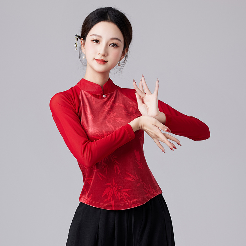 新款广场舞古典舞民族舞练功竹叶花韩国绒立领长袖阔腿裤演出服YD