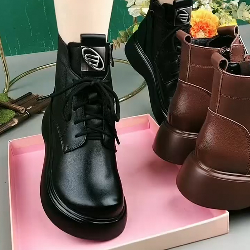 真皮马丁靴女秋冬季新款牛皮圆头松糕厚底加绒女靴加厚羊毛短靴子